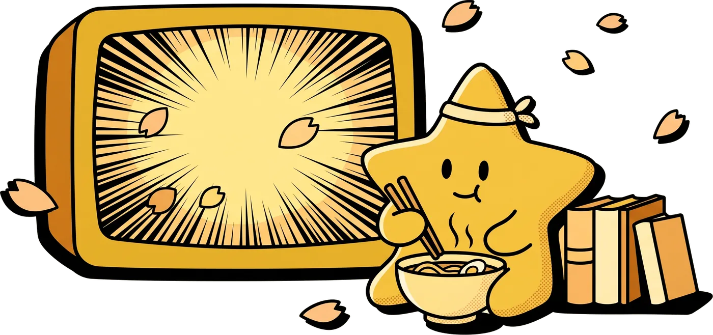 A cartoon star with a headband holding chopsticks over a ramen bowl in front of a glowing TV