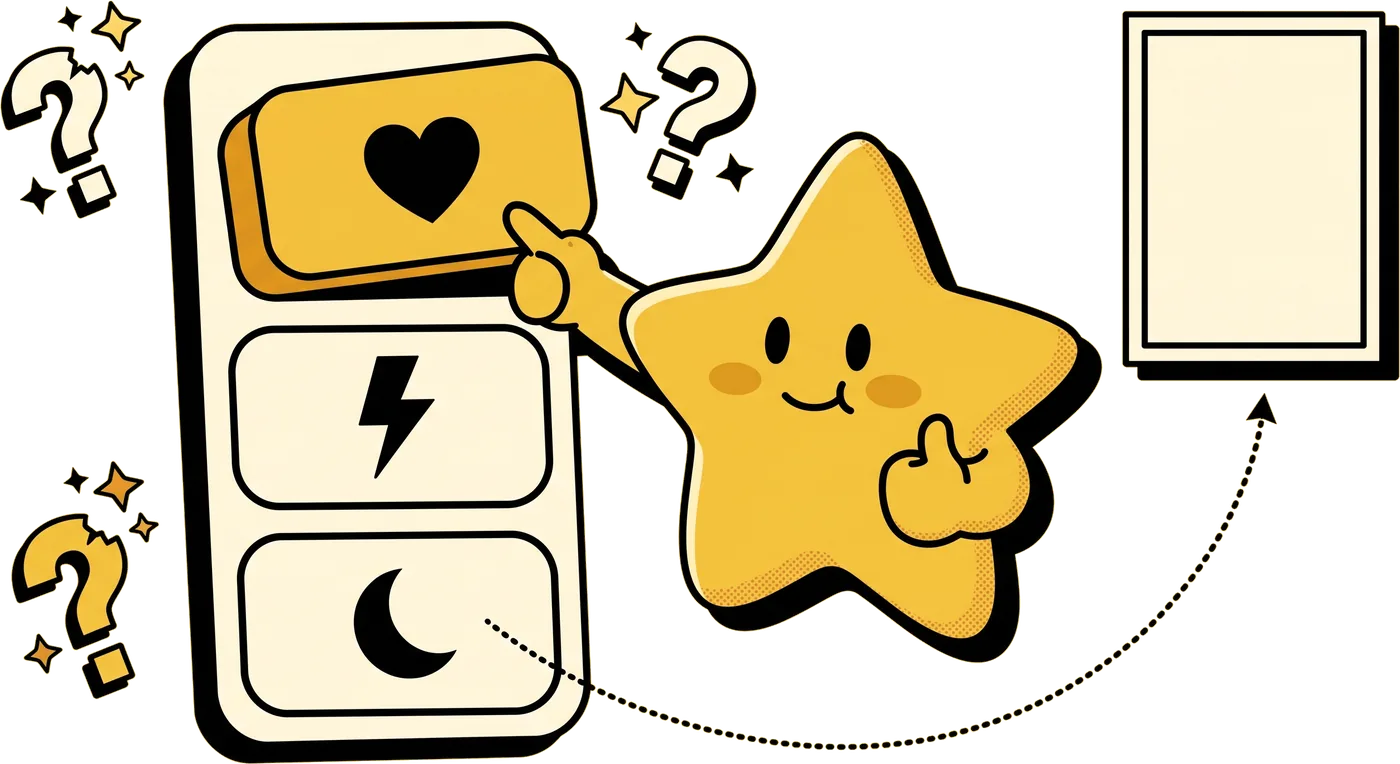 Stella tapping the top of three giant rounded quiz buttons marked with a heart, a bolt and a moon