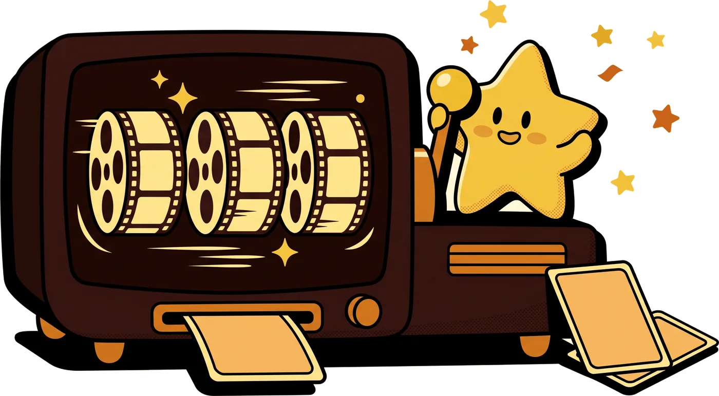 A cartoon slot machine built from a TV set, spinning film reels and popping out one movie card