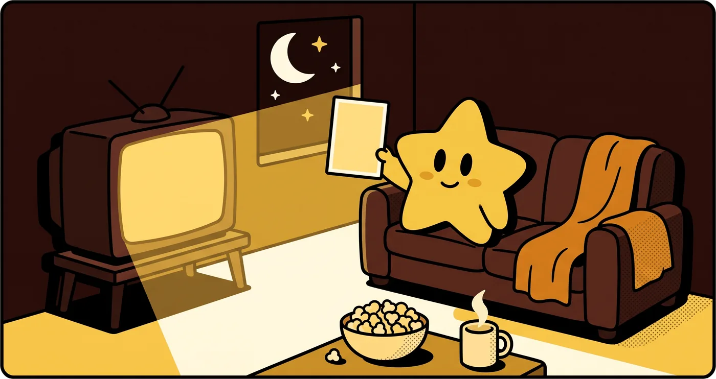 Una sala de dibujos de noche, televisor encendido, palomitas, cobija y una estrella presentando una tarjeta