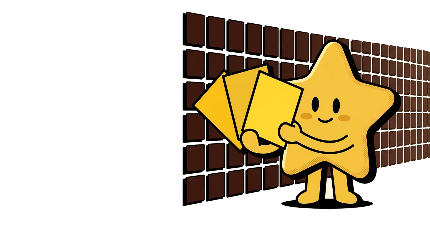 Someone sunk into a sofa facing an endless wall of identical thumbnails while a cartoon star offers three bright cards