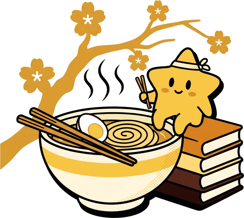 A steaming ramen bowl with chopsticks, a stack of blank book spines and cherry blossoms