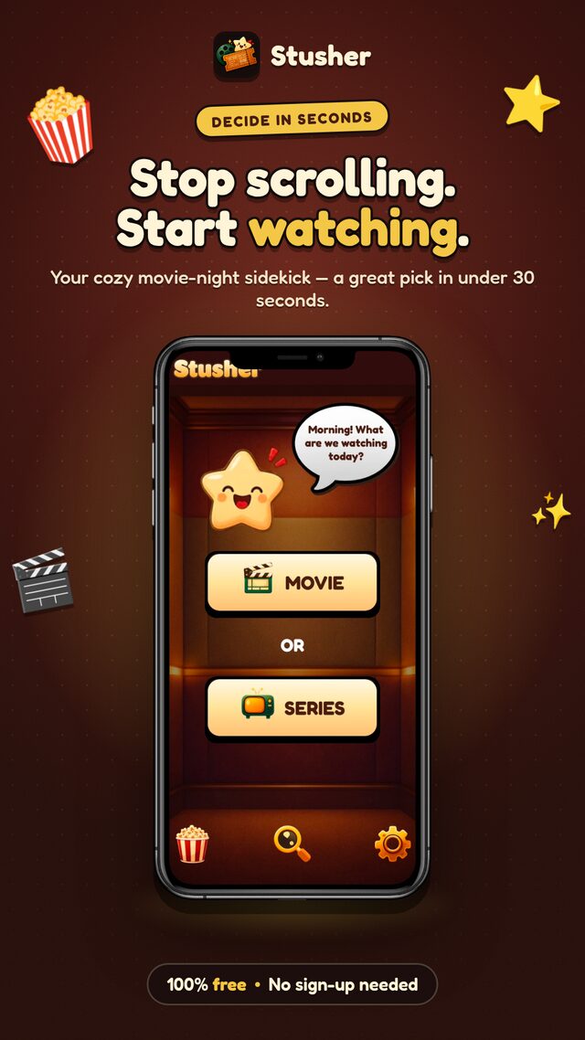 Stusher home screen showing tonight's three personalized picks