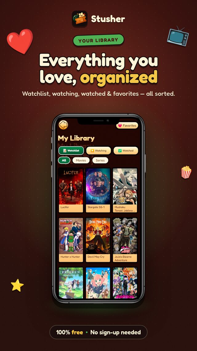 Stusher library screen with watchlist, favorites and watched titles
