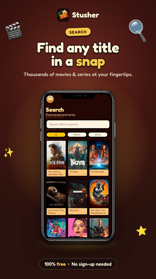 Stusher search screen browsing the full catalog
